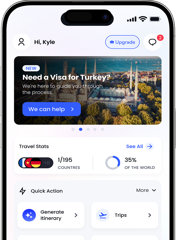 FlyPro mobile app showing travel planning interface with booking and itinerary features