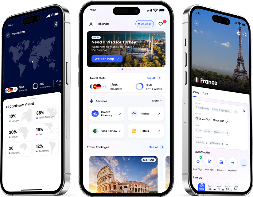 FlyPro travel planning dashboard showing itinerary builder and trip management features
